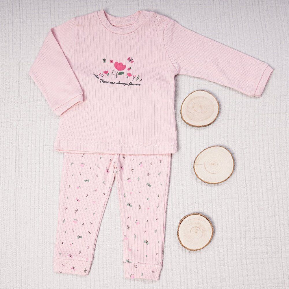 Ribbed Cotton Baby Girl Set - Flowers PINK